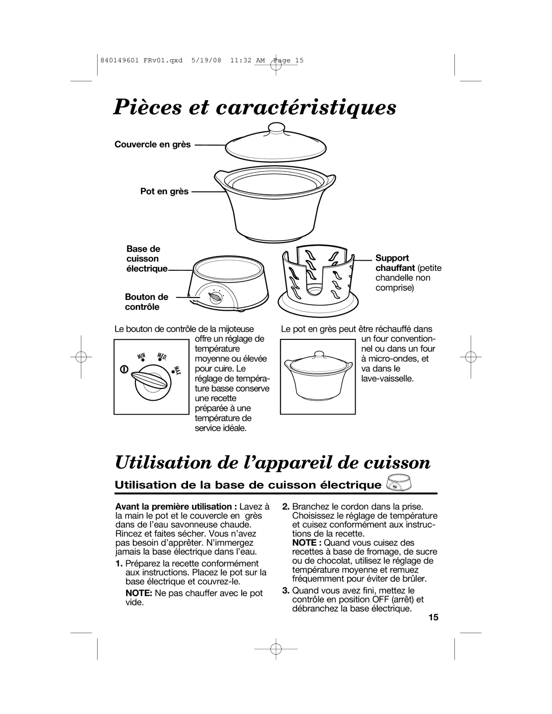 Hamilton Beach 840149601 Utilisation de l’appareil de cuisson, Utilisation de la base de cuisson électrique, Chandelle non 