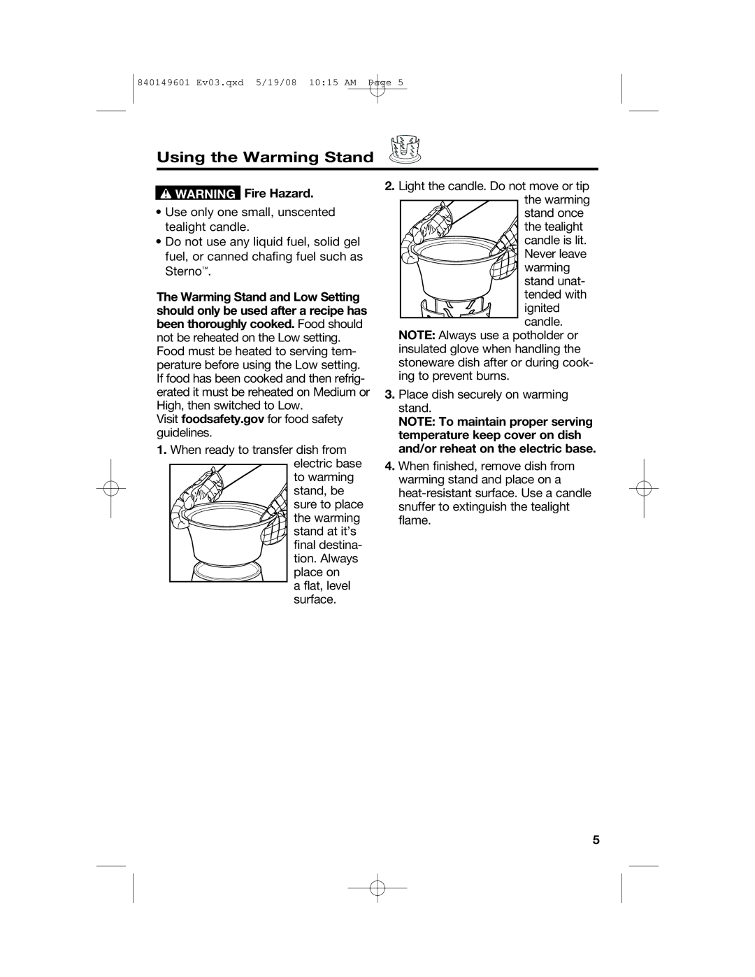 Hamilton Beach 840149601 manual Using the Warming Stand 