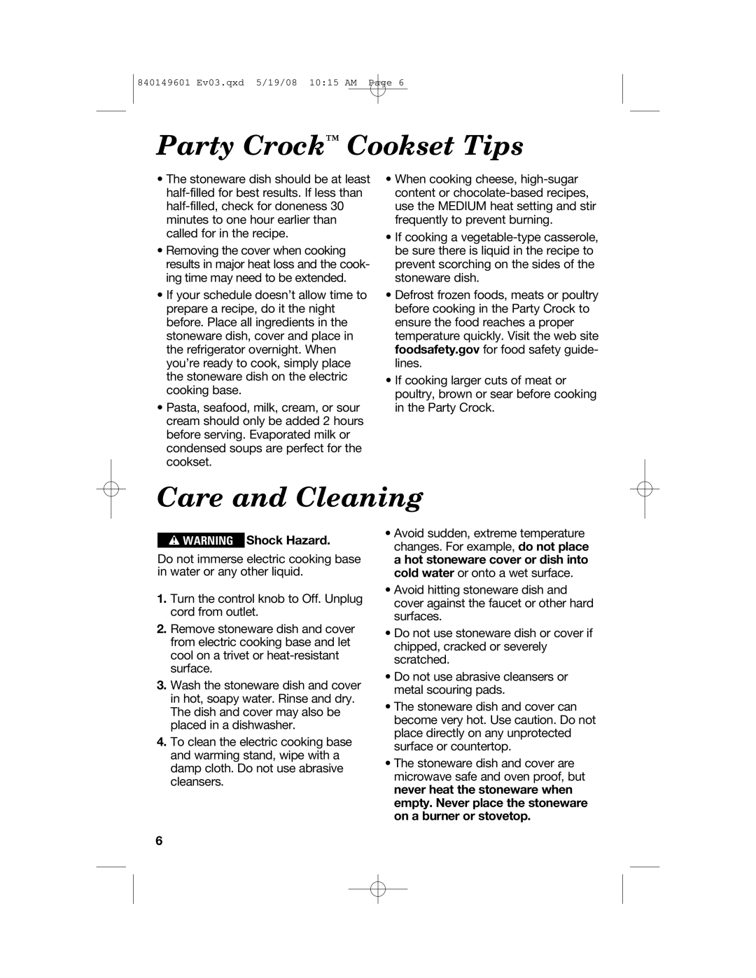 Hamilton Beach 840149601 manual Party Crock Cookset Tips 