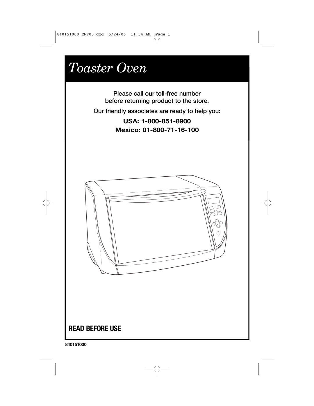 Hamilton Beach 840151000 manual Toaster Oven, USA Mexico 