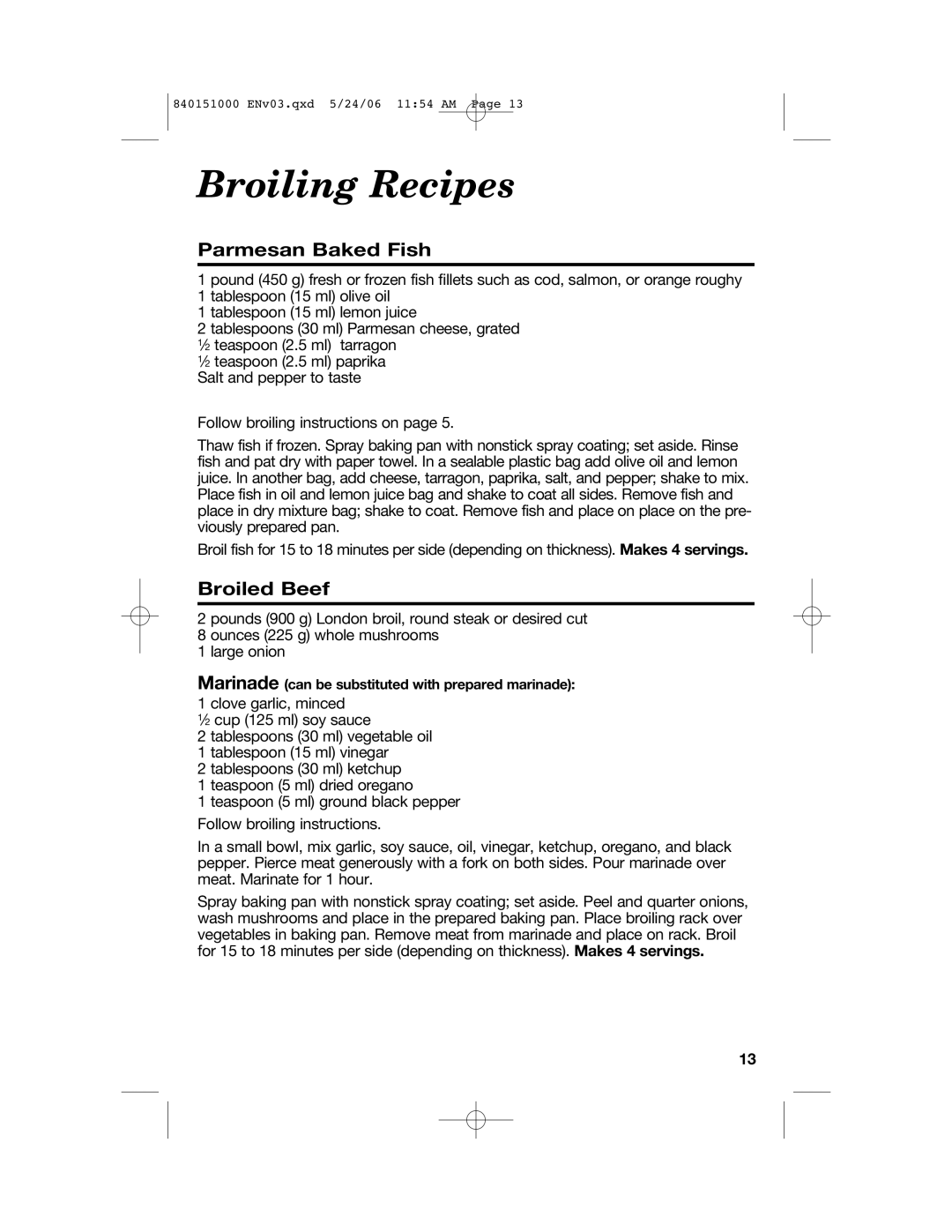 Hamilton Beach 840151000 manual Broiling Recipes, Parmesan Baked Fish, Broiled Beef 