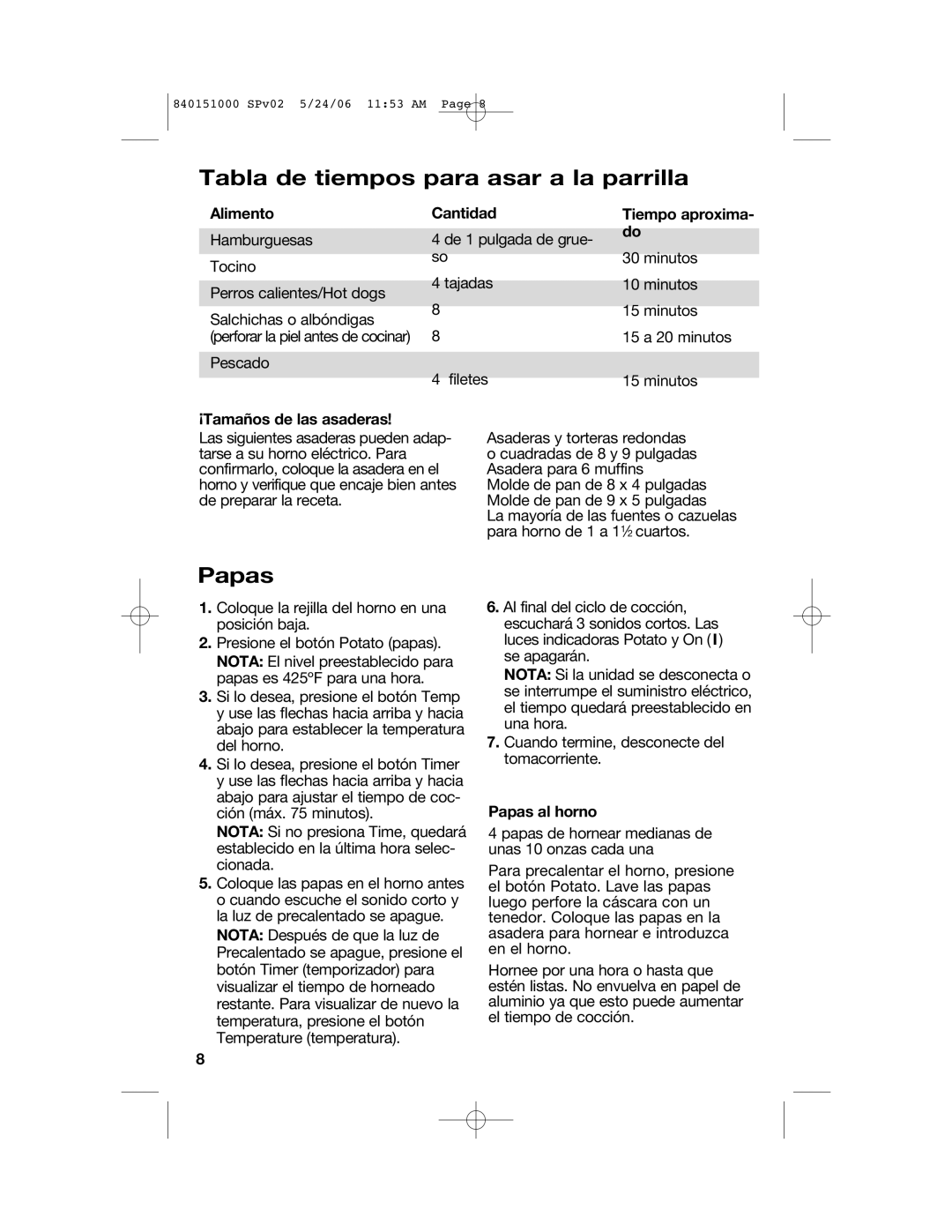 Hamilton Beach 840151000 manual Alimento, Cantidad, Tiempo aproxima- do, ¡Tamaños de las asaderas, Papas al horno 