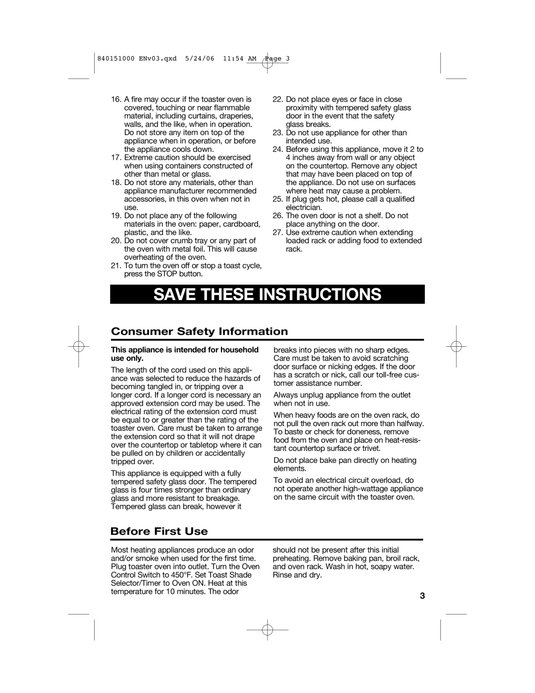 Hamilton Beach 840151000 manual Consumer Safety Information, Before First Use 