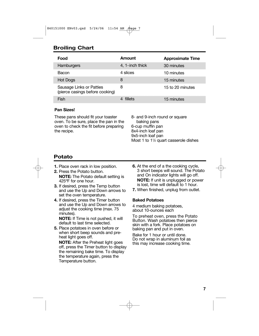 Hamilton Beach 840151000 manual Broiling Chart, Food Amount Approximate Time, Pan Sizes, Baked Potatoes 