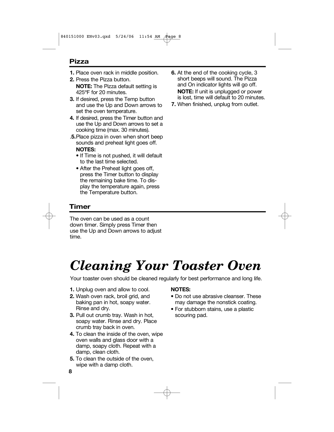 Hamilton Beach 840151000 manual Cleaning Your Toaster Oven, Pizza 