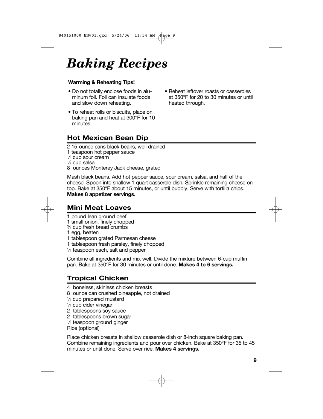 Hamilton Beach 840151000 manual Baking Recipes, Hot Mexican Bean Dip, Mini Meat Loaves, Tropical Chicken 