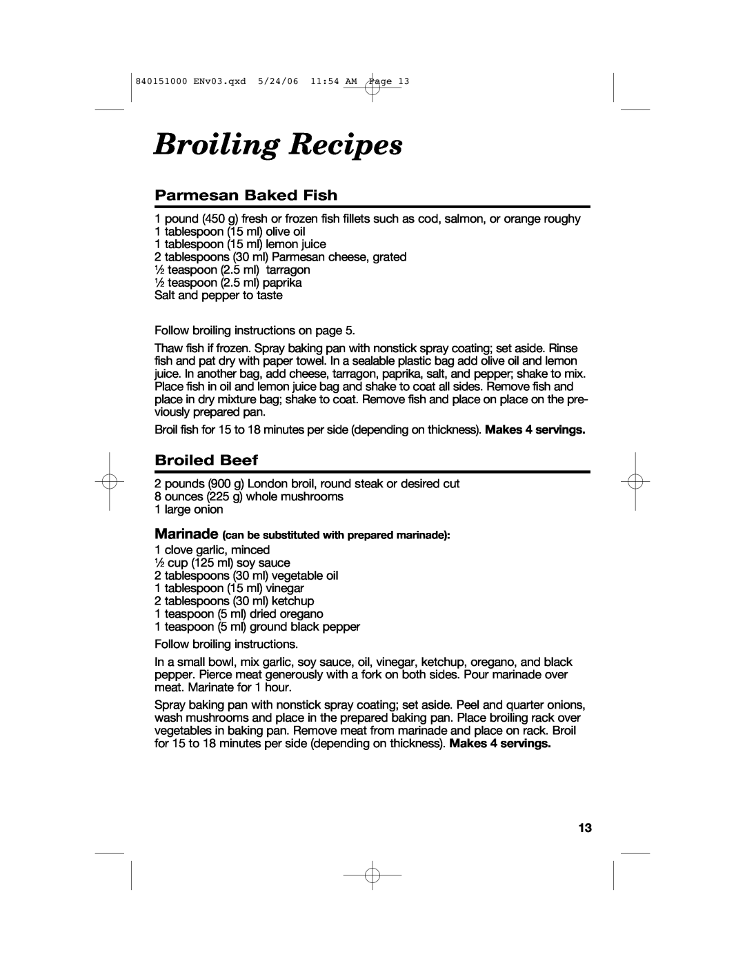 Hamilton Beach 840151000 manual Broiling Recipes, Parmesan Baked Fish, Broiled Beef 