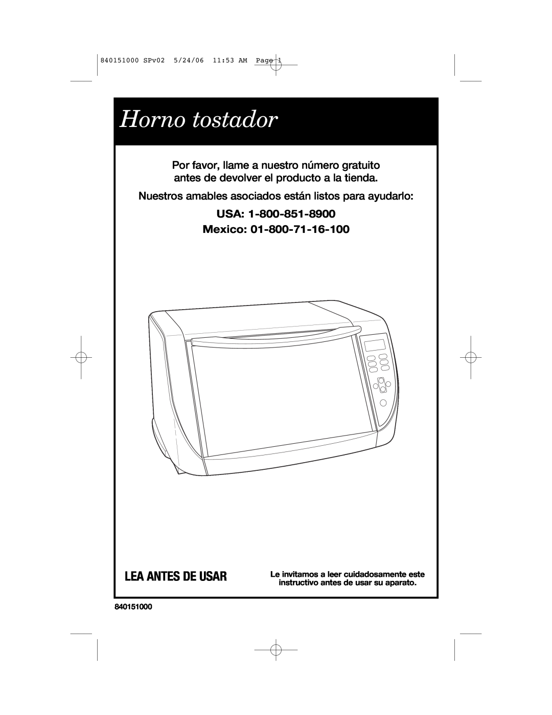 Hamilton Beach 840151000 manual Horno tostador, Lea Antes De Usar, USA Mexico 