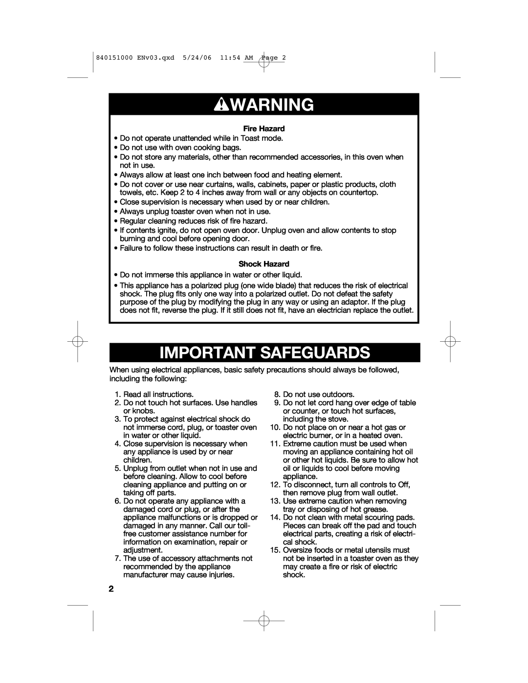 Hamilton Beach 840151000 manual wWARNING, Important Safeguards, Fire Hazard, Shock Hazard 