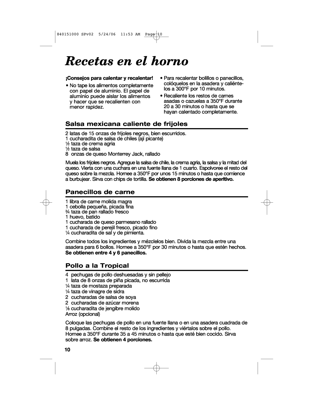 Hamilton Beach 840151000 manual Recetas en el horno, Salsa mexicana caliente de frijoles, Panecillos de carne 