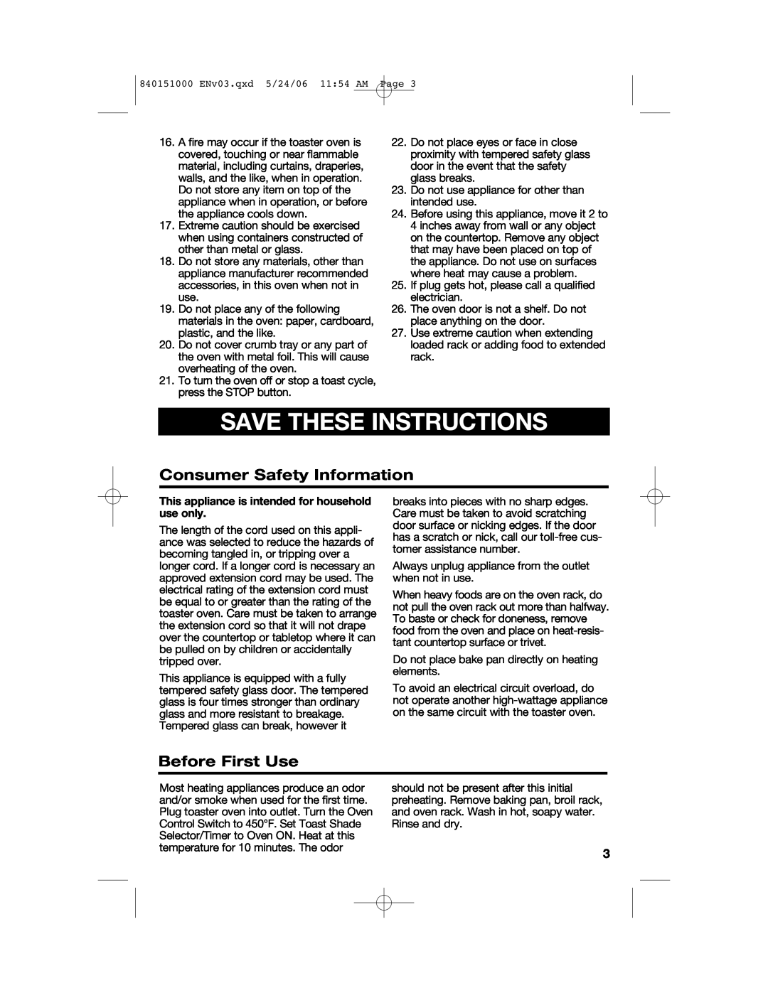 Hamilton Beach 840151000 manual Save These Instructions, Consumer Safety Information, Before First Use 