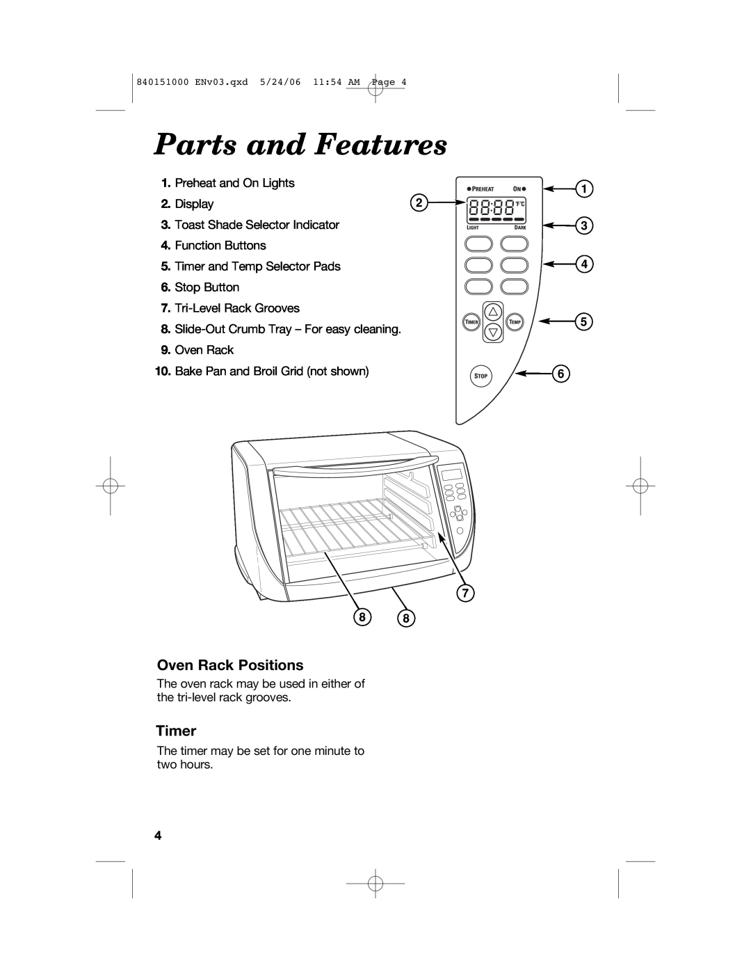 Hamilton Beach 840151000 manual Parts and Features, Oven Rack Positions, Timer 
