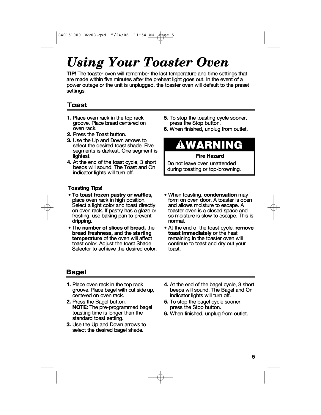 Hamilton Beach 840151000 manual Using Your Toaster Oven, Bagel, wWARNING, Toasting Tips, Fire Hazard 