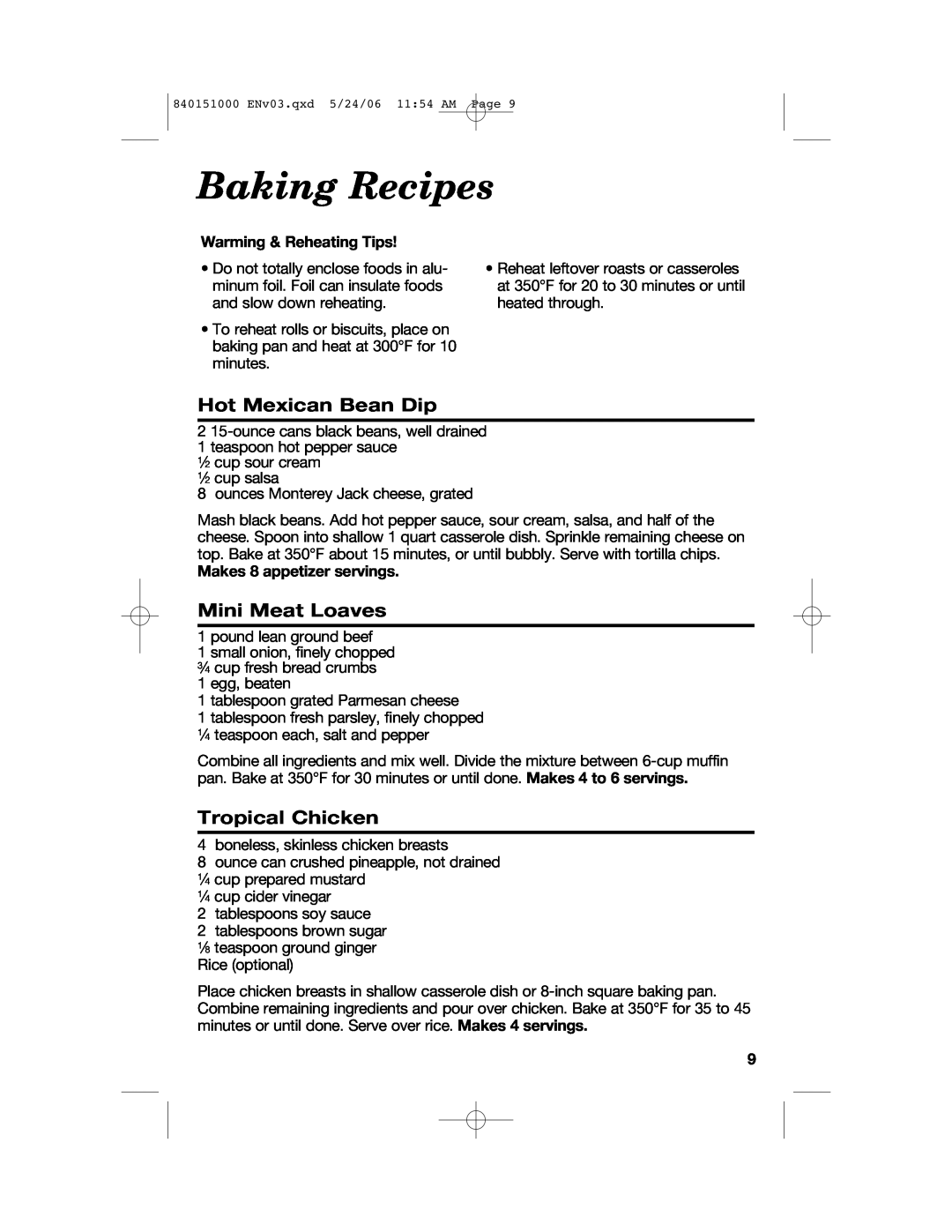 Hamilton Beach 840151000 manual Baking Recipes, Hot Mexican Bean Dip, Mini Meat Loaves, Tropical Chicken 