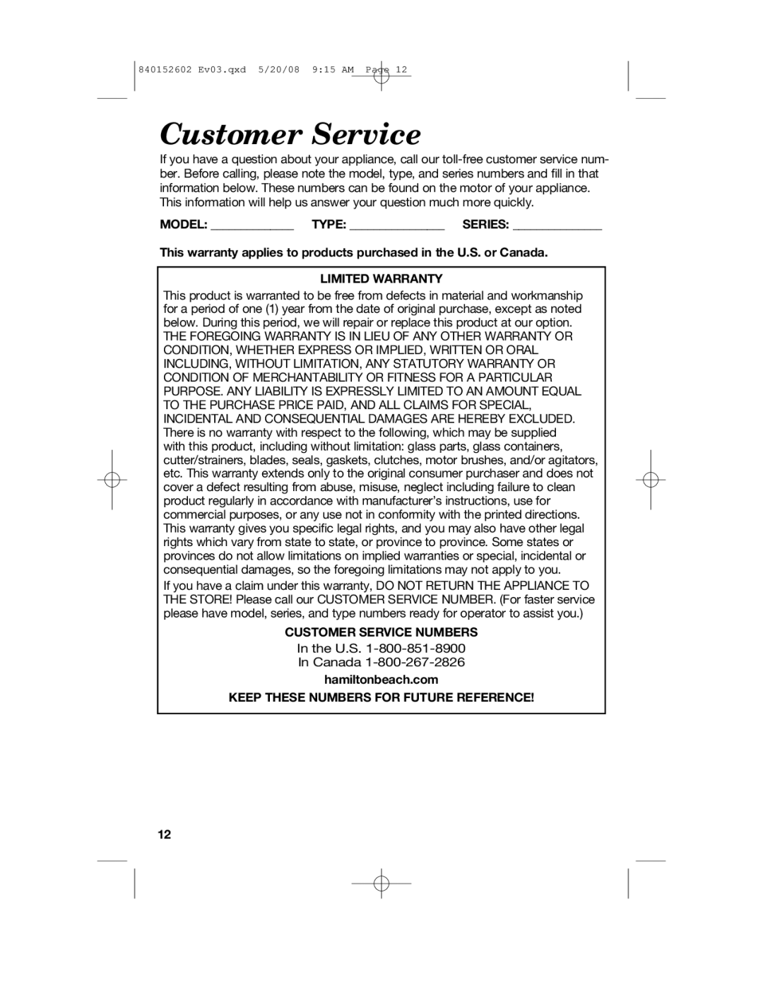 Hamilton Beach 840152602 manual Customer Service, Hamiltonbeach.com 