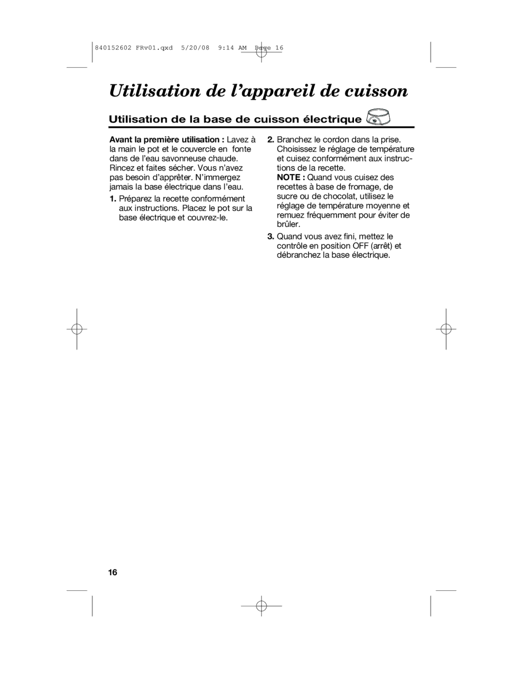 Hamilton Beach 840152602 manual Utilisation de l’appareil de cuisson, Utilisation de la base de cuisson électrique 