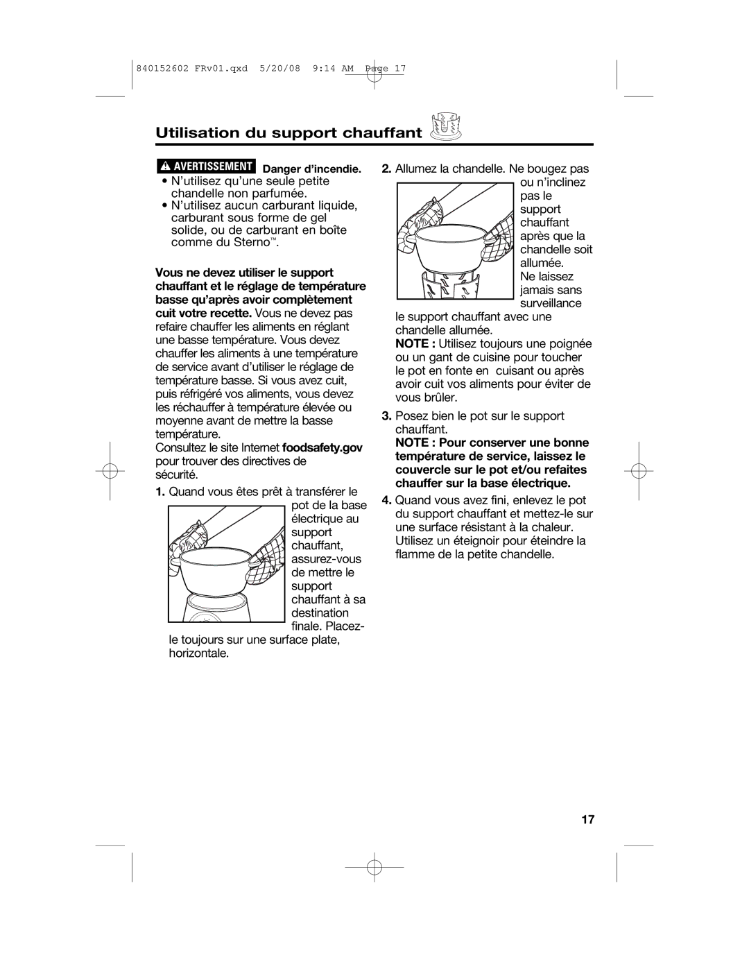 Hamilton Beach 840152602 manual Utilisation du support chauffant 