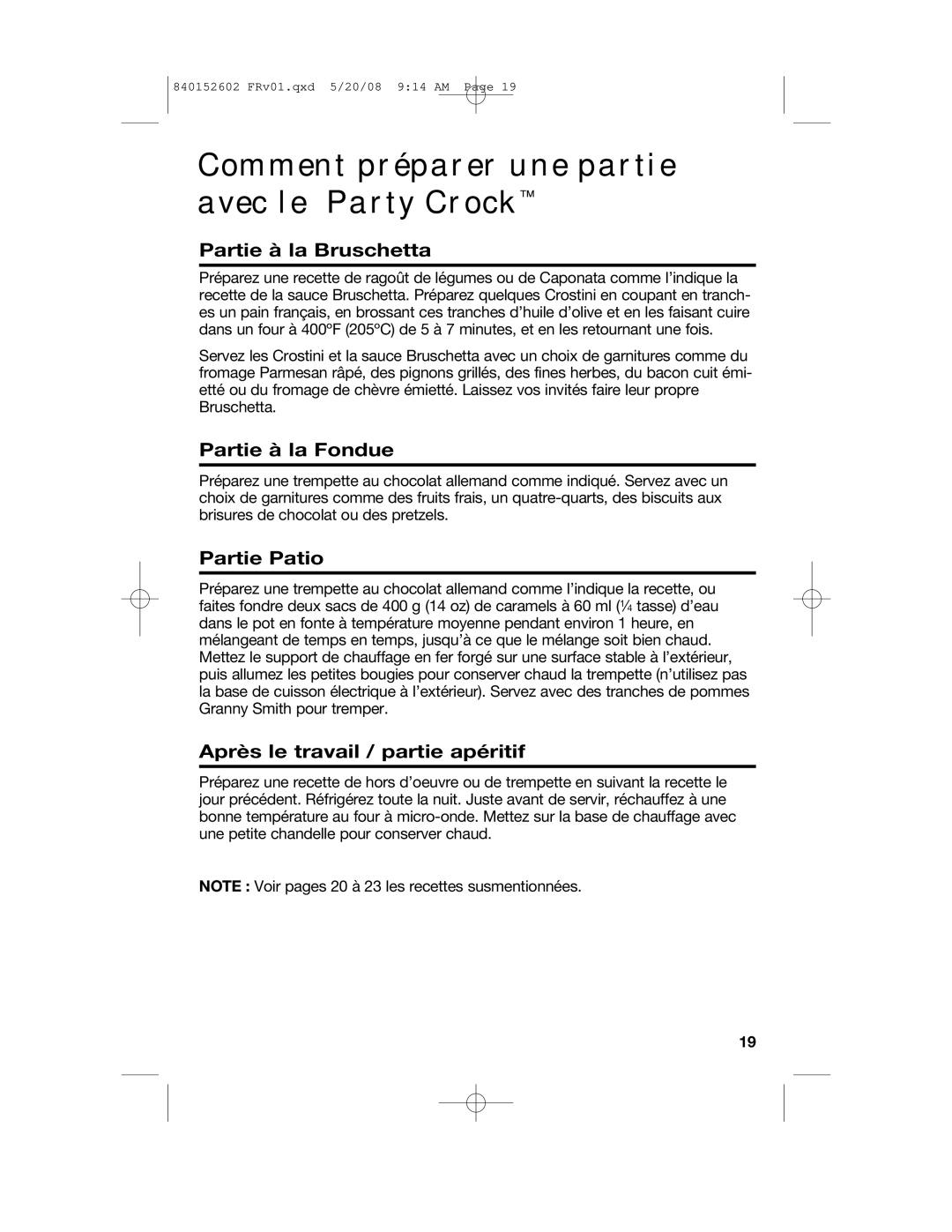 Hamilton Beach 840152602 manual Comment préparer une partie avec le Party Crock, Partie à la Bruschetta, Partie à la Fondue 