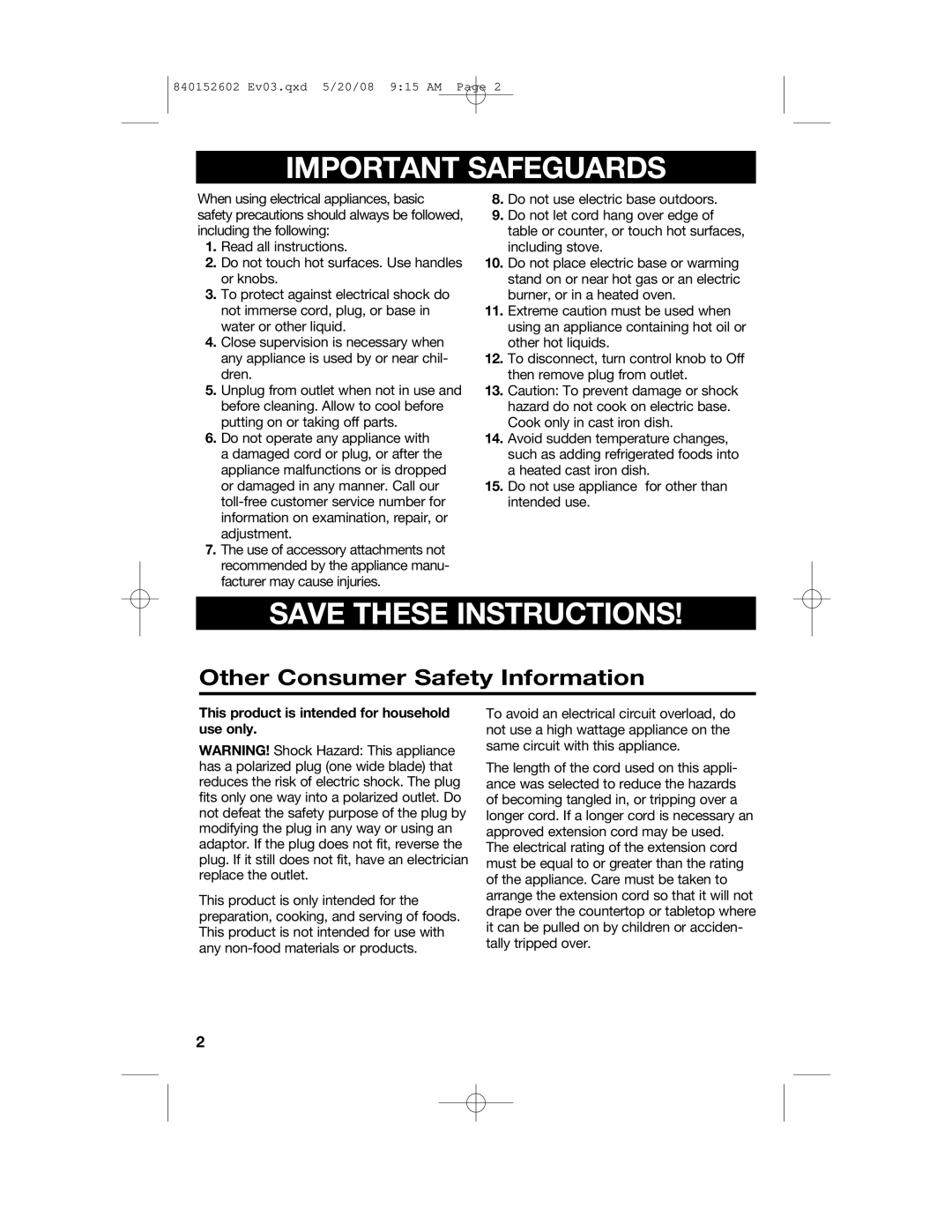 Hamilton Beach 840152602 manual Important Safeguards 