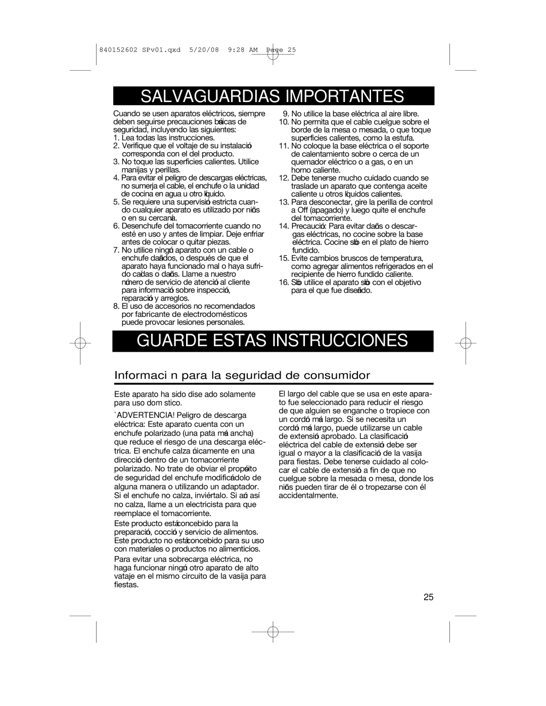 Hamilton Beach 840152602 manual Salvaguardias Importantes, Información para la seguridad de consumidor 