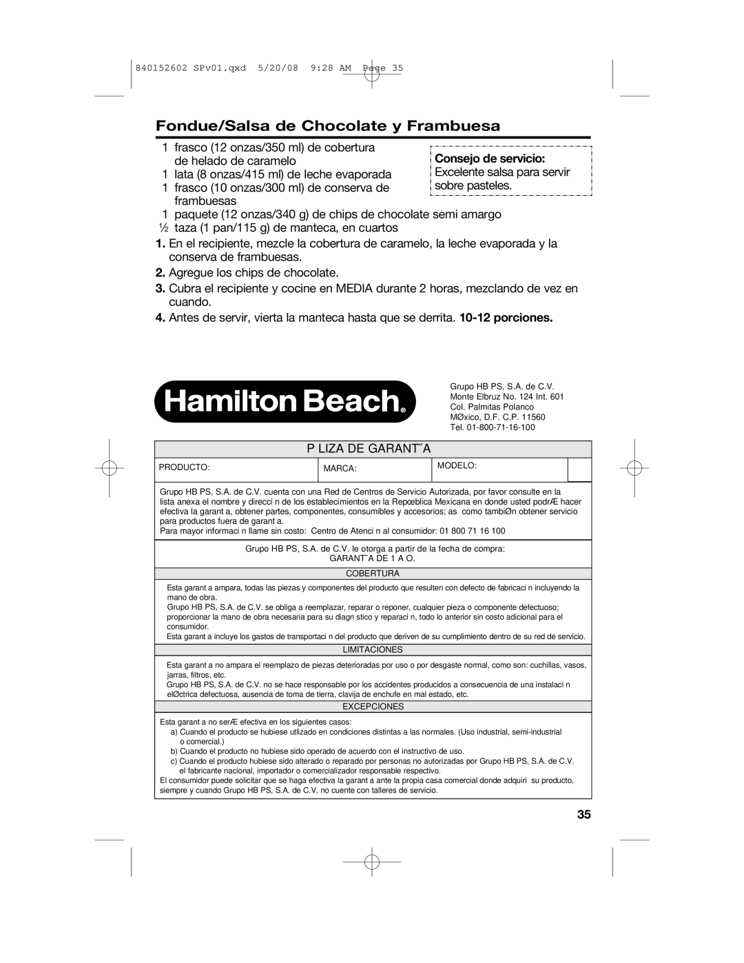 Hamilton Beach 840152602 manual Fondue/Salsa de Chocolate y Frambuesa, Póliza DE Garantía 