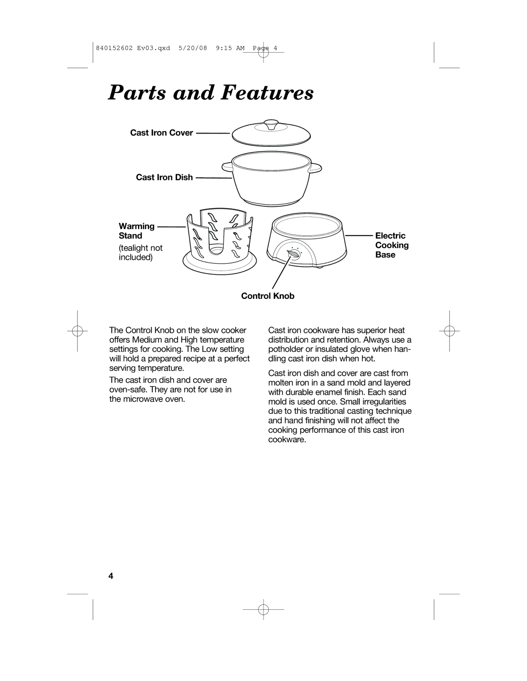 Hamilton Beach 840152602 manual Parts and Features 