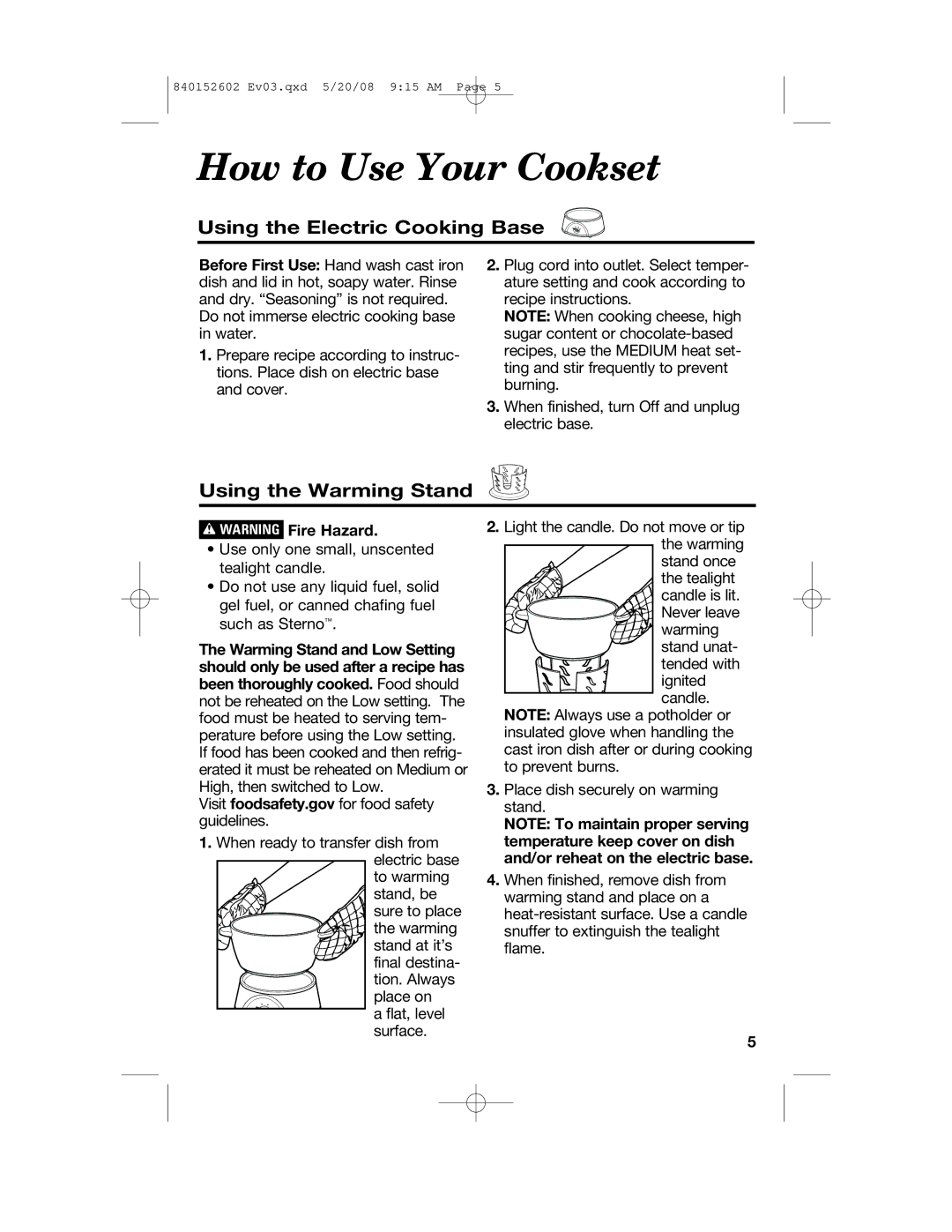 Hamilton Beach 840152602 manual How to Use Your Cookset, Using the Electric Cooking Base, Using the Warming Stand 