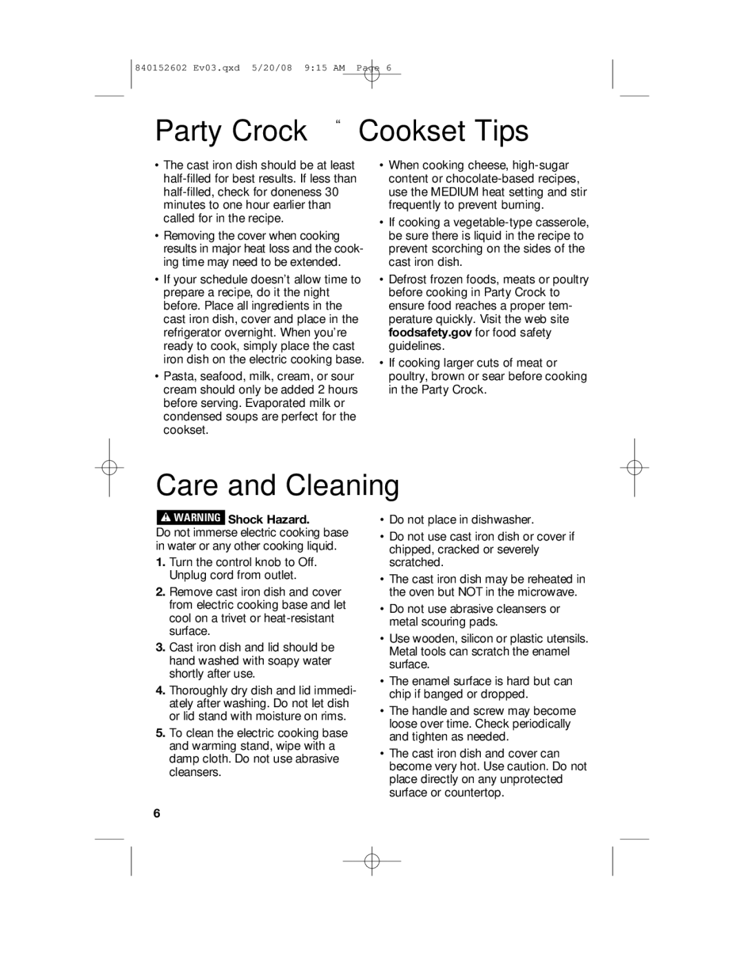 Hamilton Beach 840152602 manual Party Crock Cookset Tips, Care and Cleaning 