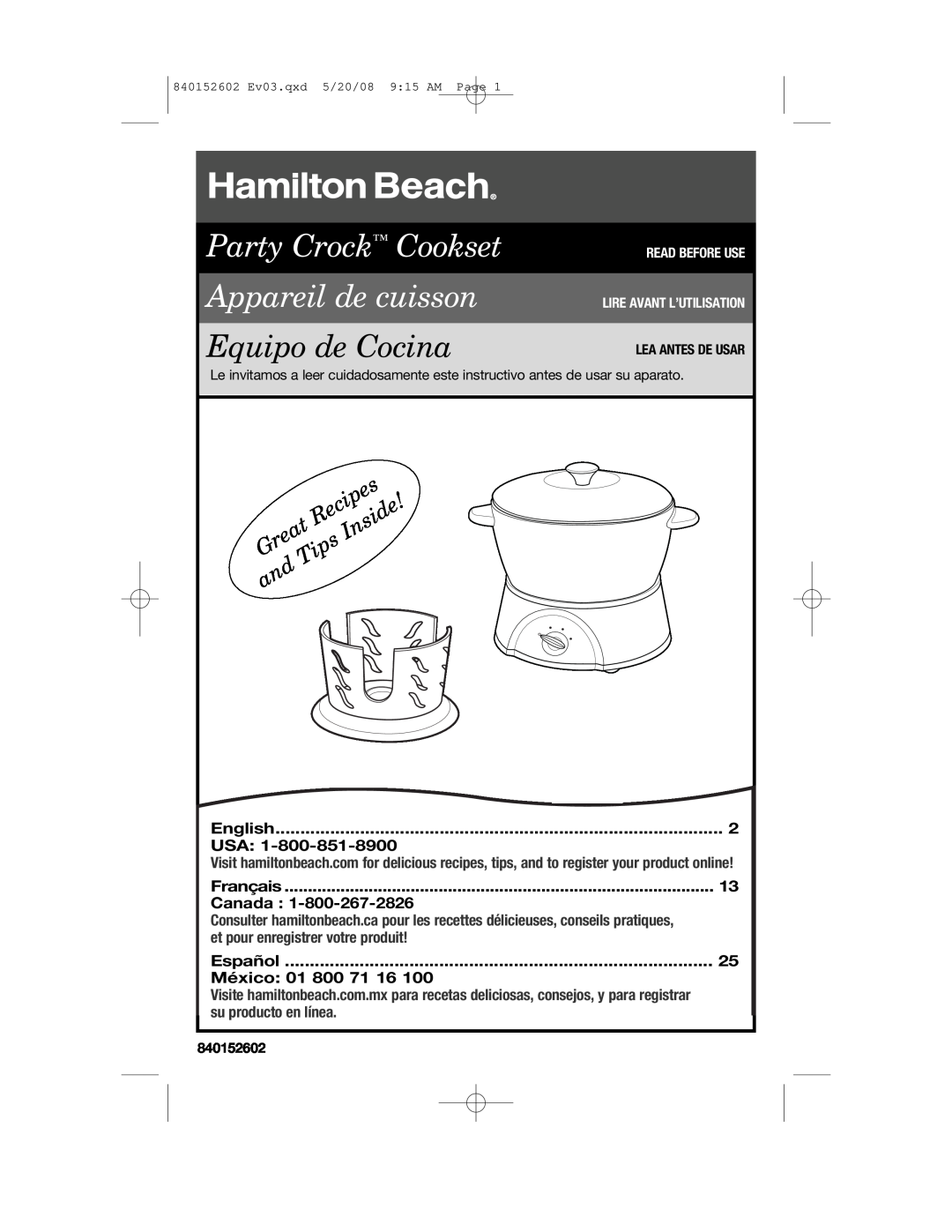 Hamilton Beach 840152602 manual Recipes, Great, Inside, Tips, English, Usa, Français, Canada, Español, México 