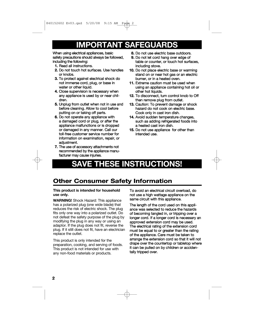Hamilton Beach 840152602 manual Important Safeguards, Save These Instructions, Other Consumer Safety Information 