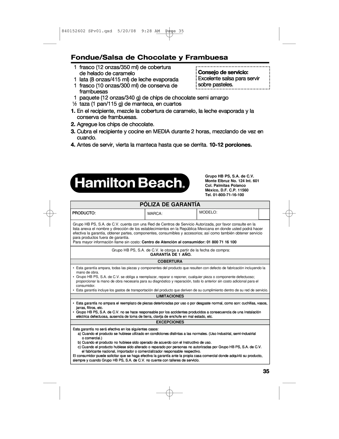 Hamilton Beach 840152602 manual Fondue/Salsa de Chocolate y Frambuesa, Póliza De Garantía 