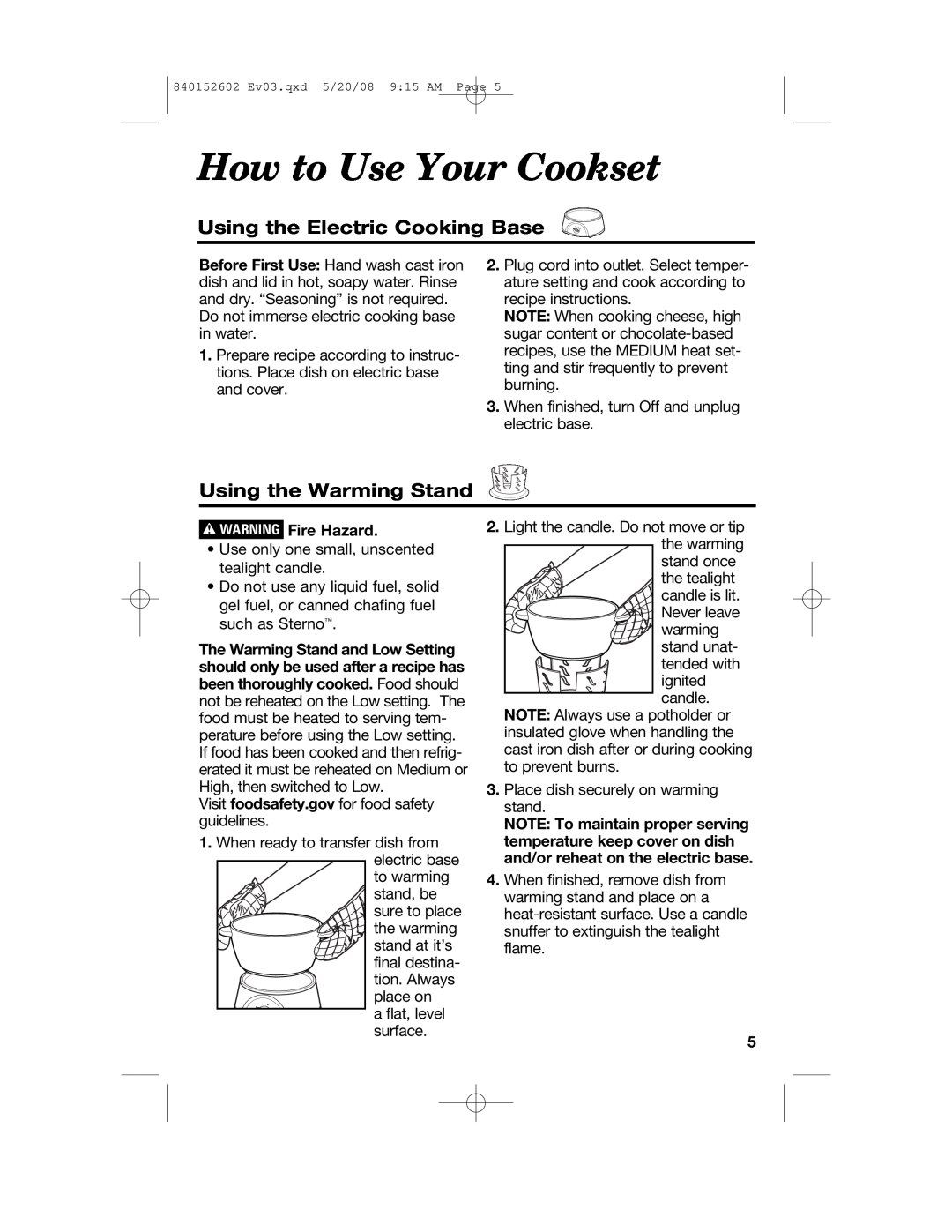 Hamilton Beach 840152602 manual How to Use Your Cookset, Using the Electric Cooking Base, Using the Warming Stand 