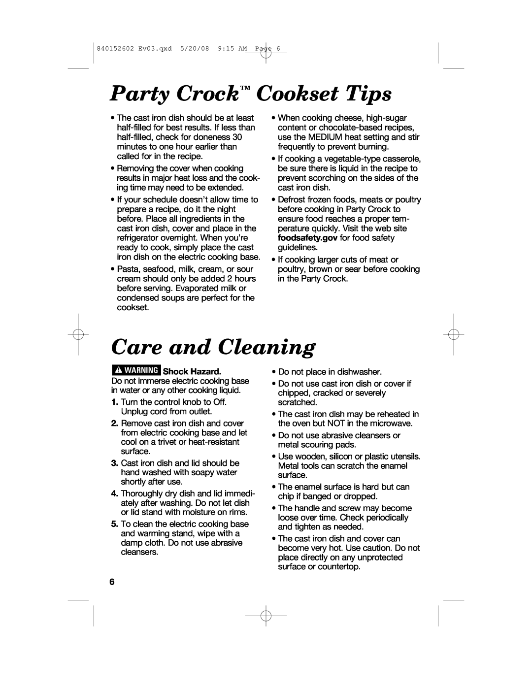 Hamilton Beach 840152602 manual Party Crock Cookset Tips, Care and Cleaning, wWARNING Shock Hazard 