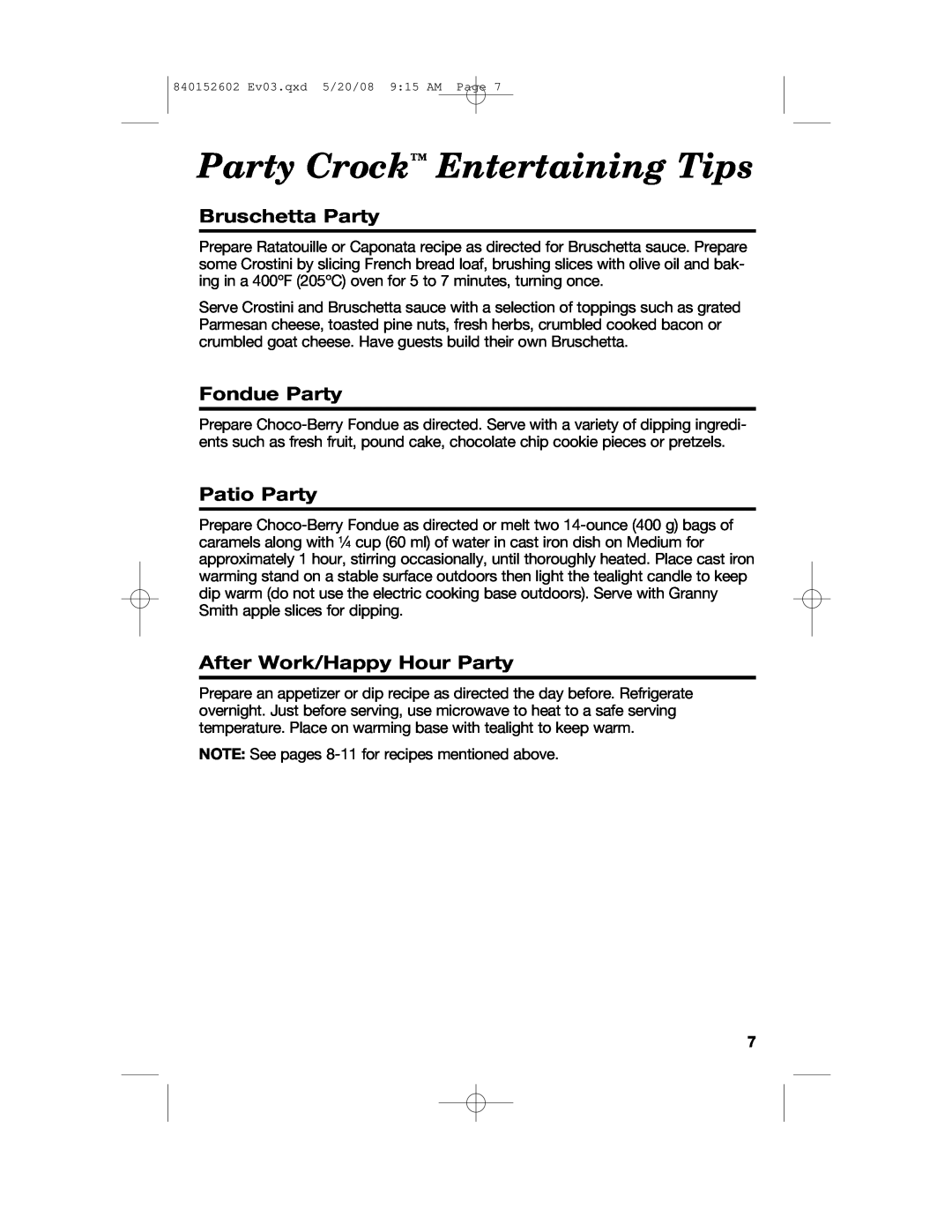 Hamilton Beach 840152602 manual Party Crock Entertaining Tips, Bruschetta Party, Fondue Party, Patio Party 
