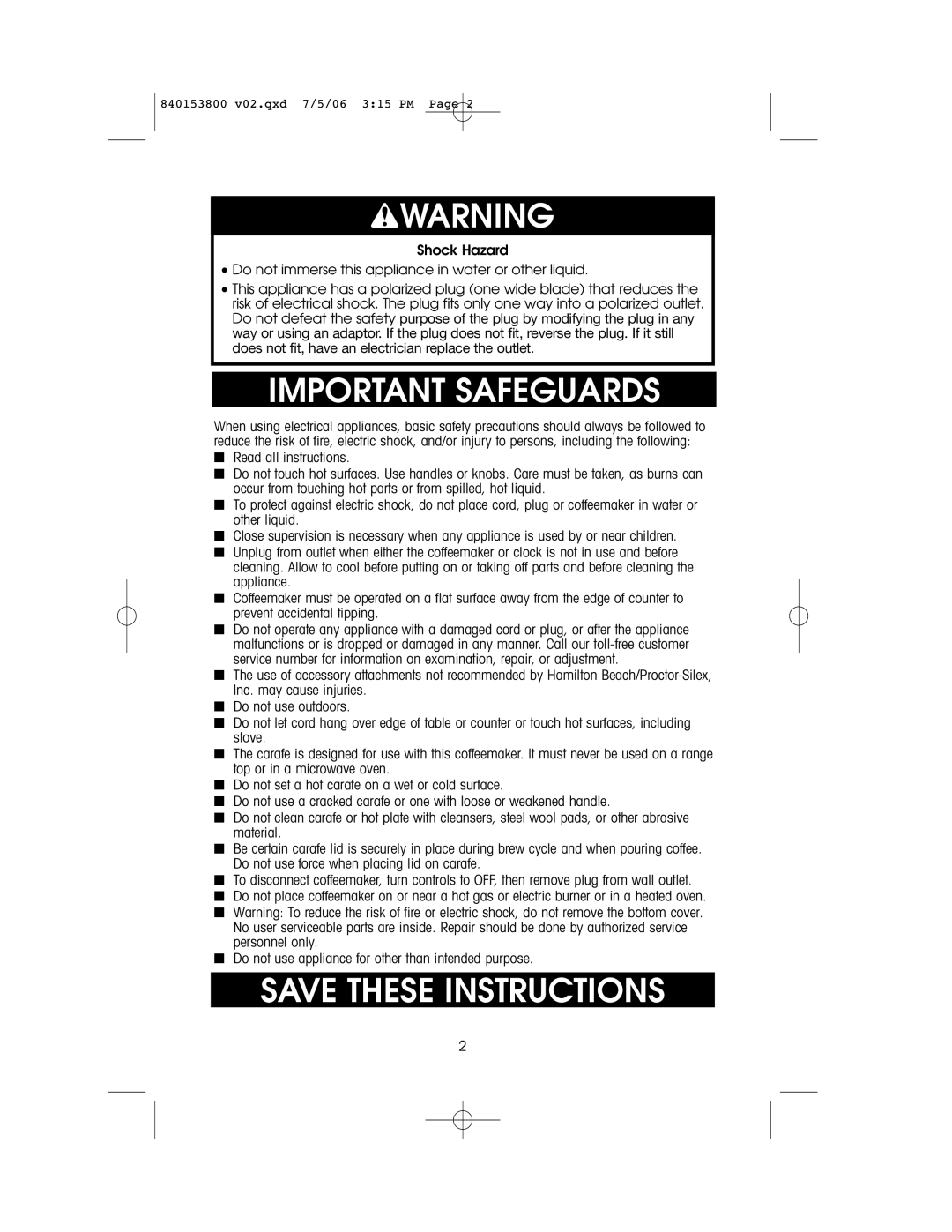 Hamilton Beach 840153800 owner manual Wwarning, Important Safeguards 