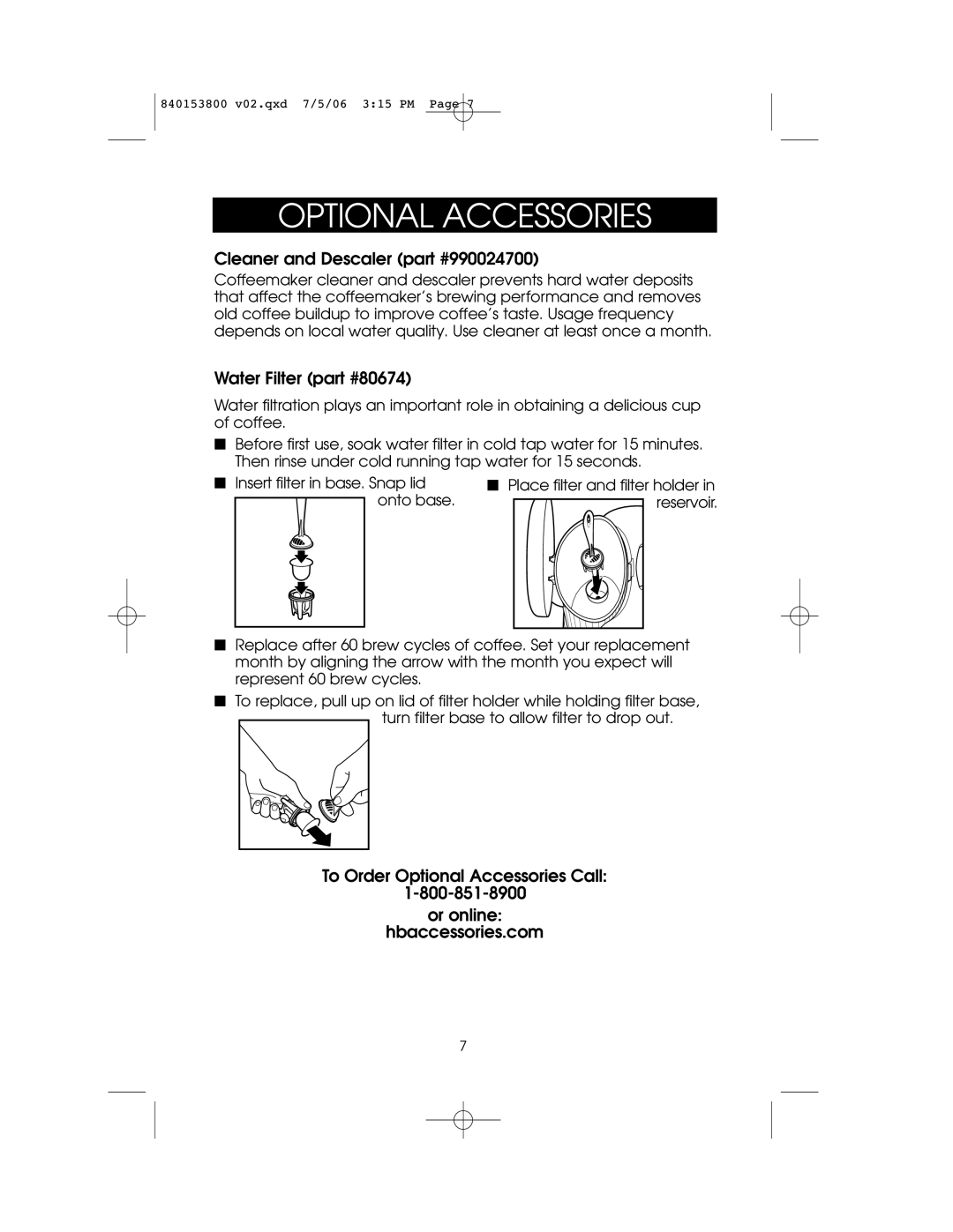 Hamilton Beach 840153800 owner manual Optional Accessories, Cleaner and Descaler, Water Filter 