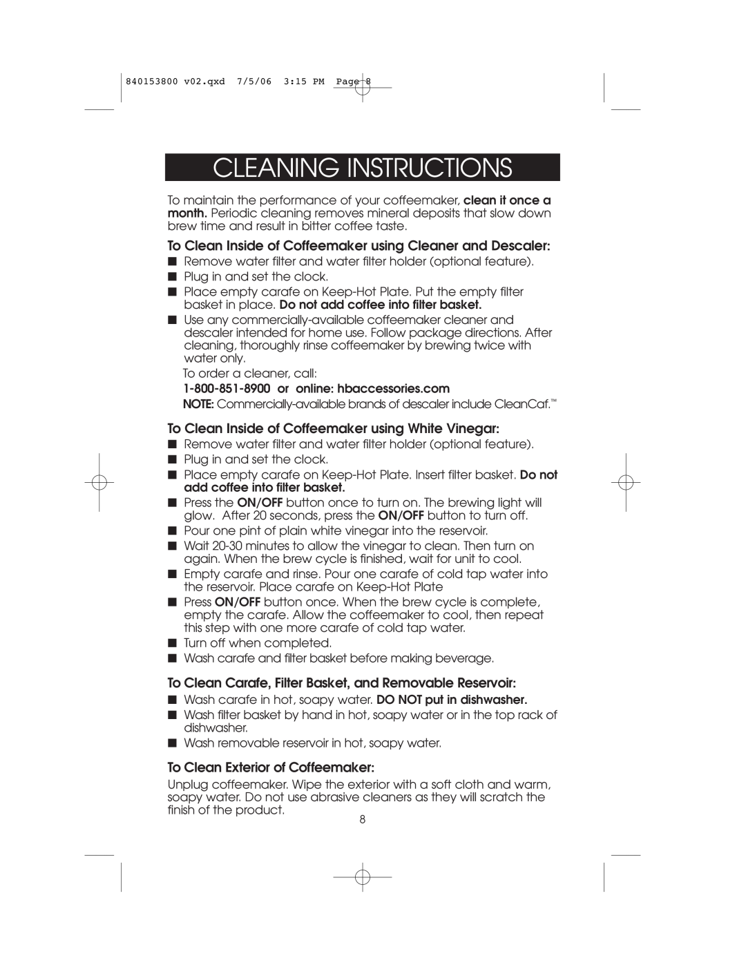 Hamilton Beach 840153800 owner manual Cleaning Instructions, To Clean Inside of Coffeemaker using Cleaner and Descaler 