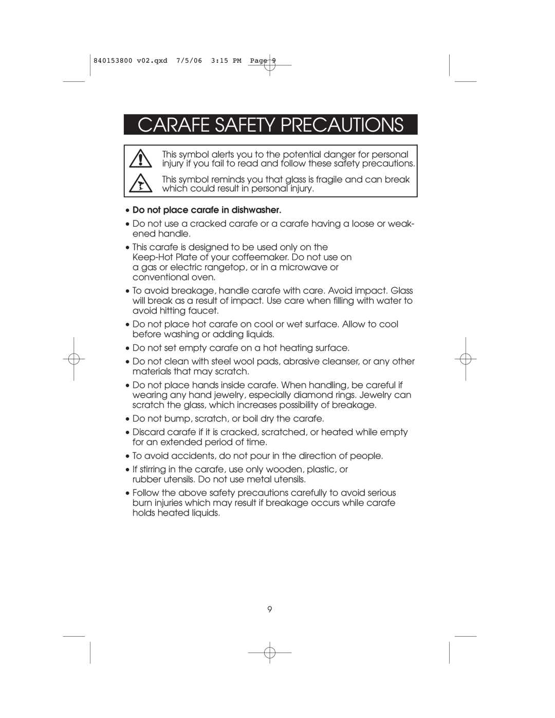 Hamilton Beach 840153800 owner manual Carafe Safety Precautions 