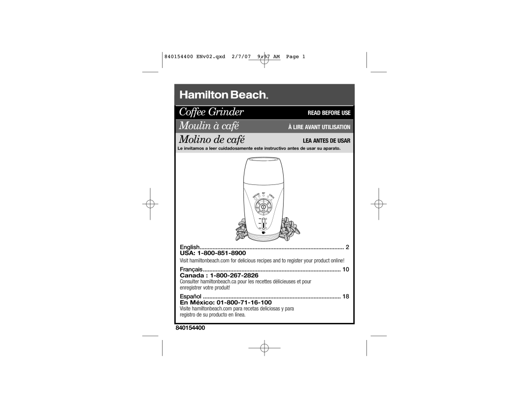 Hamilton Beach 80364, 840154400 manual Coffee Grinder Moulin à café, Usa 