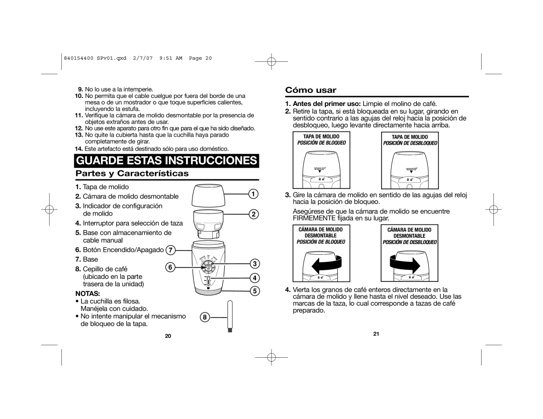 Hamilton Beach 840154400, 80364 manual Guarde Estas Instrucciones, Partes y Características Cómo usar 