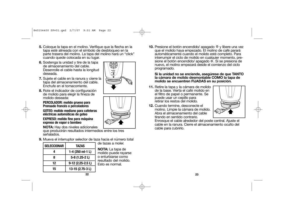 Hamilton Beach 80364 manual De tazas a moler, Nota La tapa de, Molido puede rayarse, Enturbiarse como, Resultado del molido 