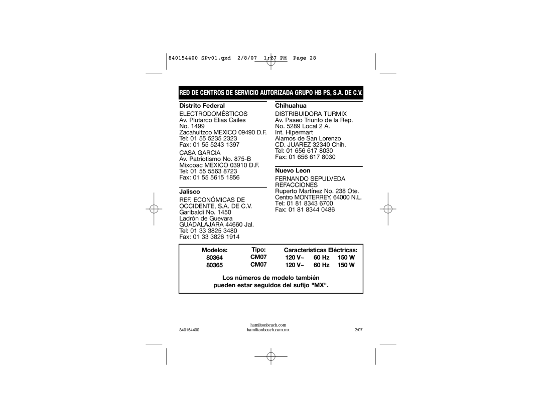 Hamilton Beach 840154400, 80364 manual Tipo 