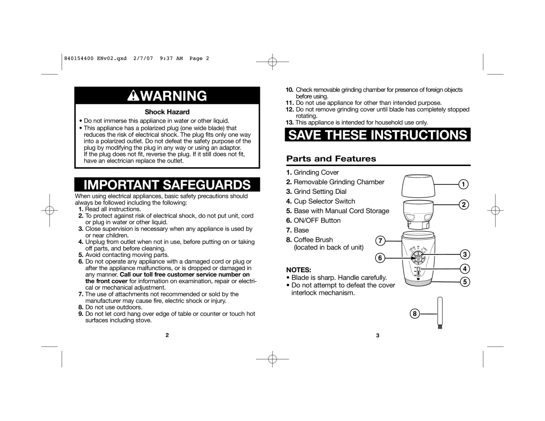 Hamilton Beach 840154400, 80364 manual Parts and Features, Shock Hazard 