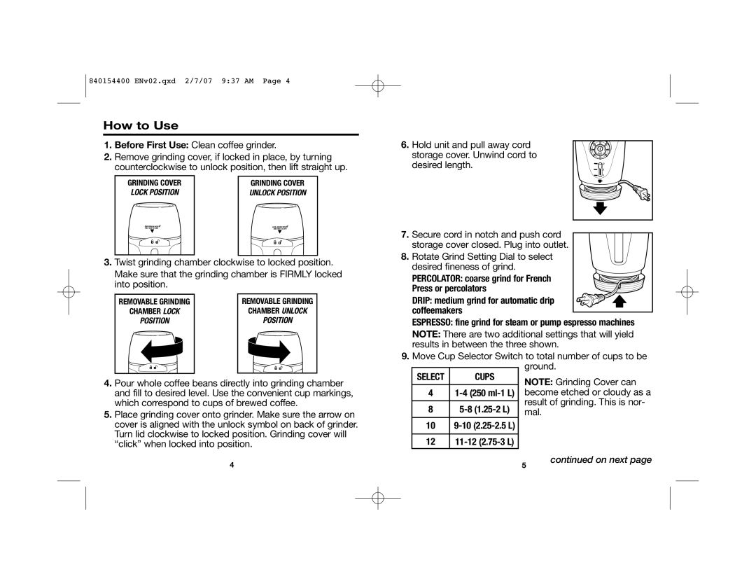 Hamilton Beach 80364, 840154400 manual How to Use, Become etched or cloudy as a, Result of grinding. This is nor, Mal 