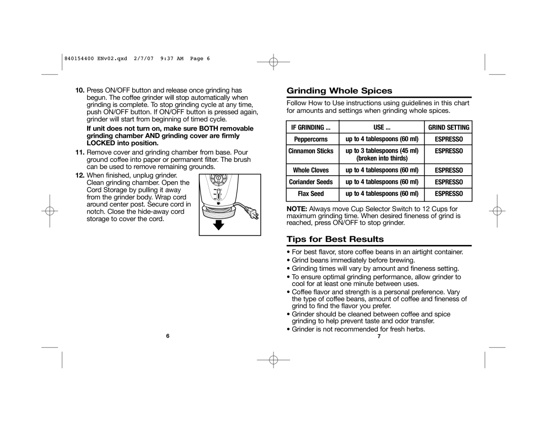 Hamilton Beach 840154400, 80364 manual Grinding Whole Spices, Tips for Best Results, Use 