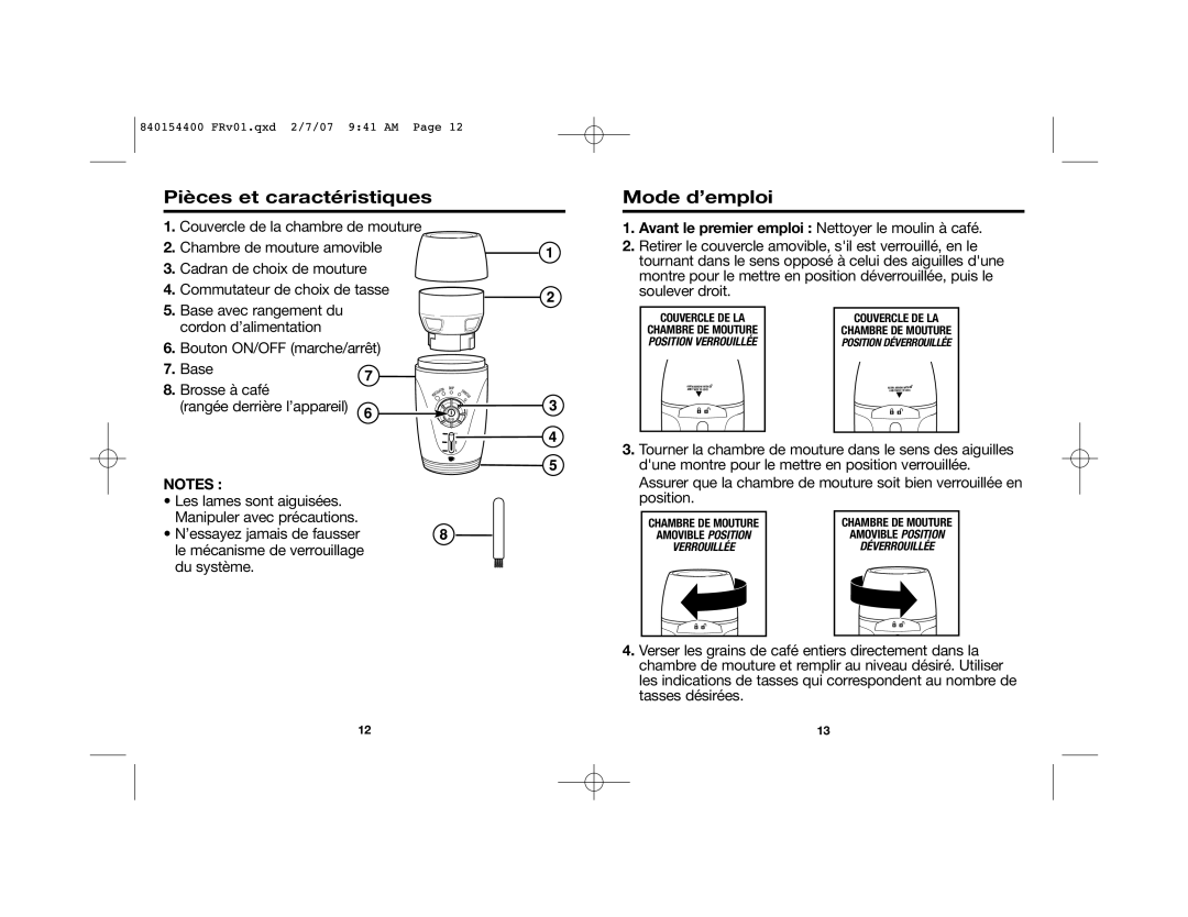 Hamilton Beach 80364 manual Pièces et caractéristiques, Mode d’emploi, Avant le premier emploi Nettoyer le moulin à café 