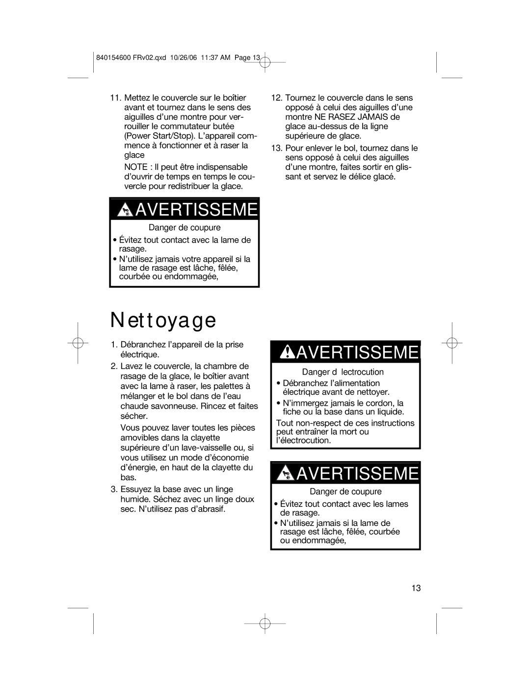 Hamilton Beach 840154600 manual Nettoyage, Avertissement 