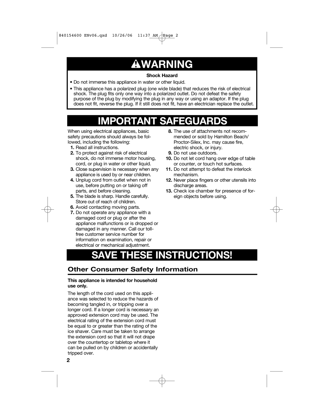 Hamilton Beach 840154600 manual Wwarning, Other Consumer Safety Information 