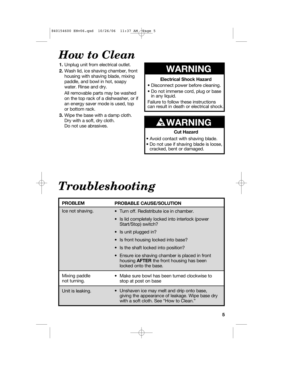 Hamilton Beach 840154600 manual How to Clean, Problem Probable CAUSE/SOLUTION 