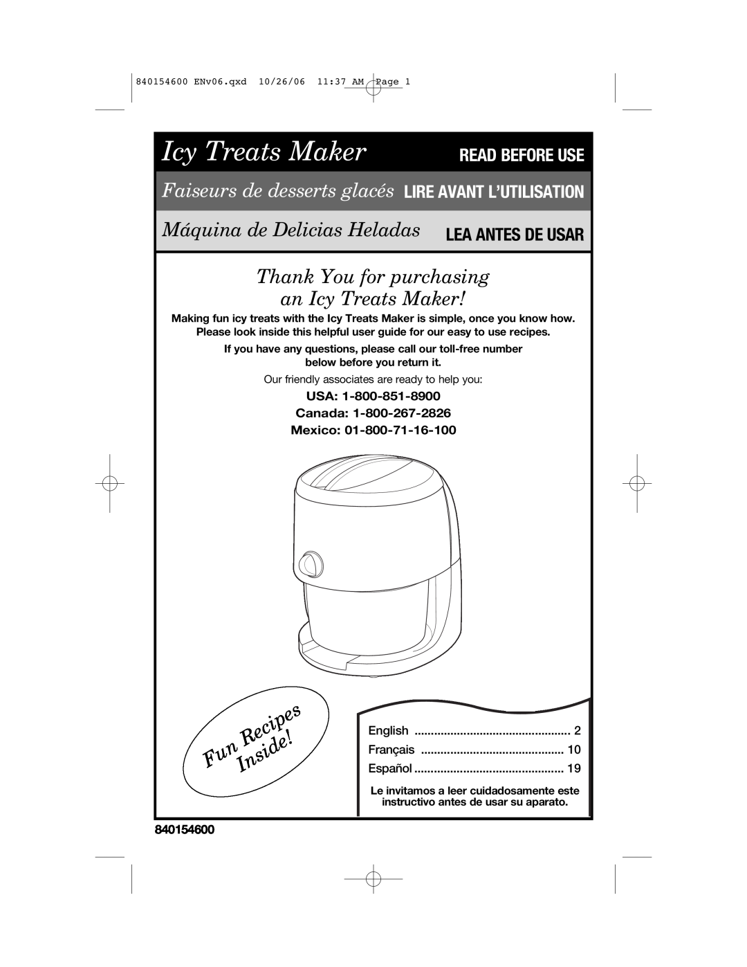 Hamilton Beach 840154600 manual USA Canada Mexico, Icy Treats Maker READ BEFORE USE, Recipes, Inside 